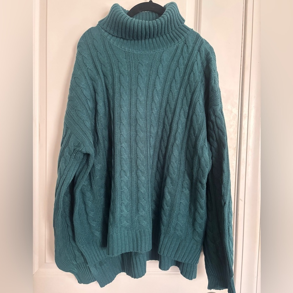 Teal Turtleneck High Low Cableknit Sweater-2XL